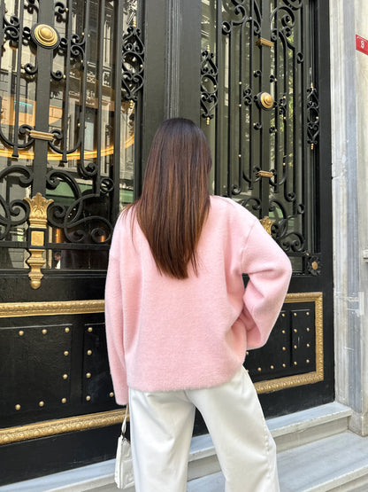 Oversize Bisiklet Yaka Yumuşak Dokulu Triko Kazak - Pembe