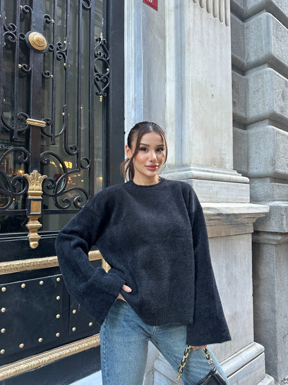 Oversize Bisiklet Yaka Yumuşak Dokulu Triko Kazak - Siyah