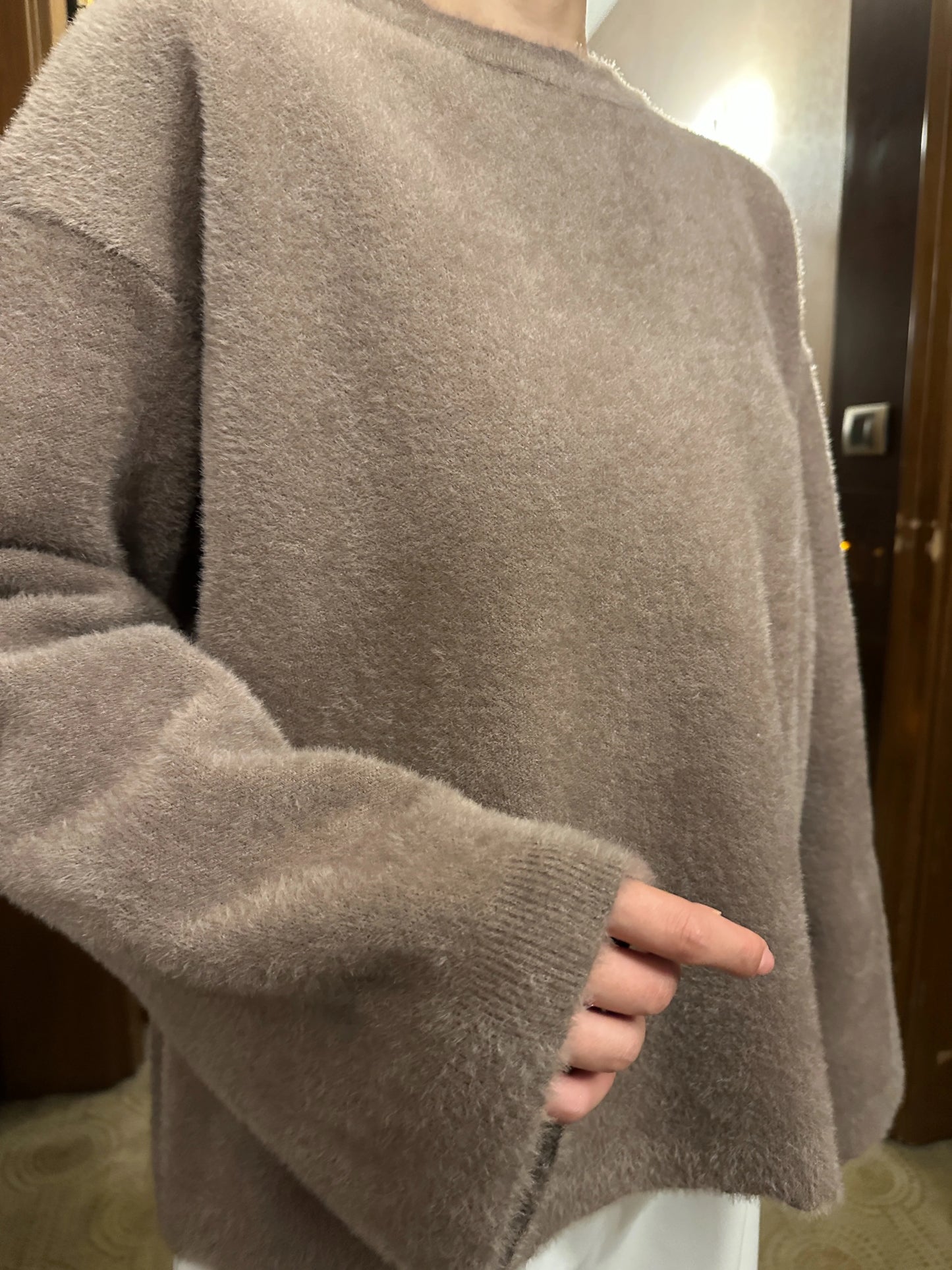 Yumuşak Dokulu Şardonlu Oversize Kazak - Vizon