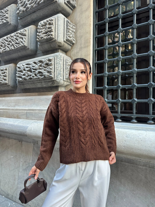 Saç Örgü Desenli Şardonlu Triko Kazak - Kahverengi