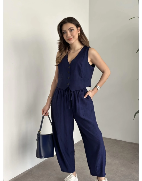 Şalvar Kesim Pantolon Yelekli Takım - Lacivert