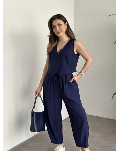 Şalvar Kesim Pantolon Yelekli Takım - Lacivert