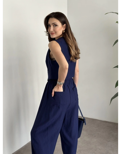 Şalvar Kesim Pantolon Yelekli Takım - Lacivert