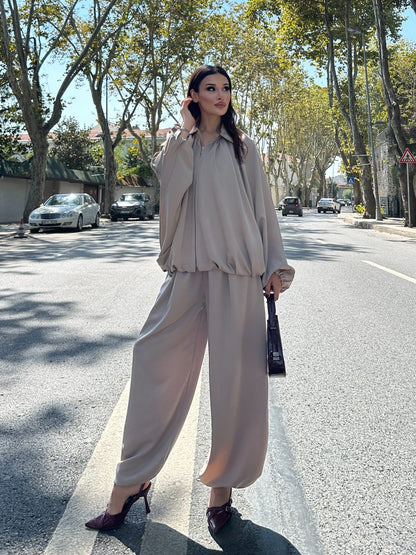 Saten Büzgülü Pileli Bumber Ceket Pantolon Takım - Bej