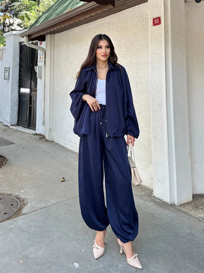 Pileli Bumber Ceket Pantolon Takım - Lacivert