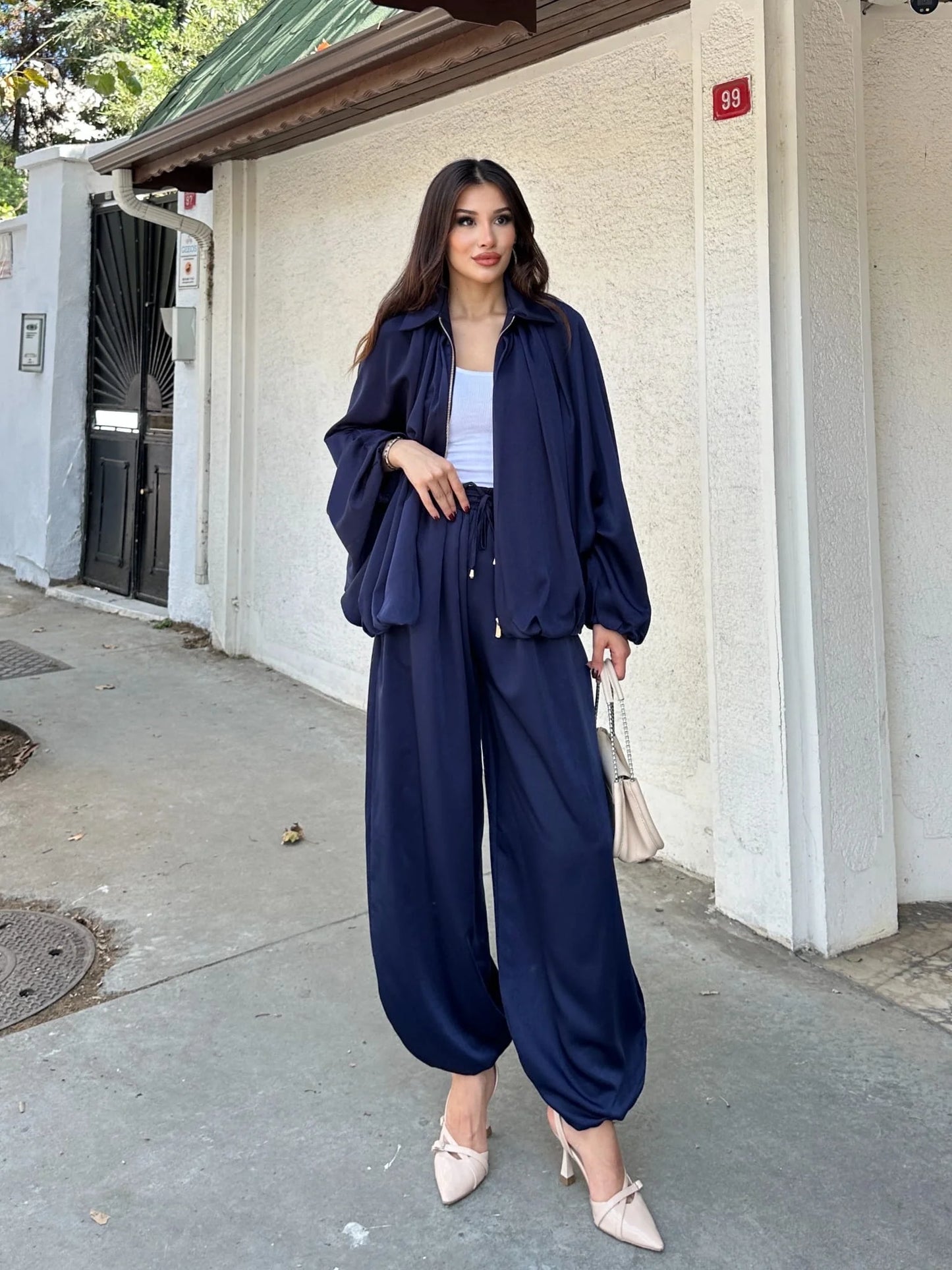 Saten Büzgülü Pileli Bumber Ceket Pantolon Takım - Mavi