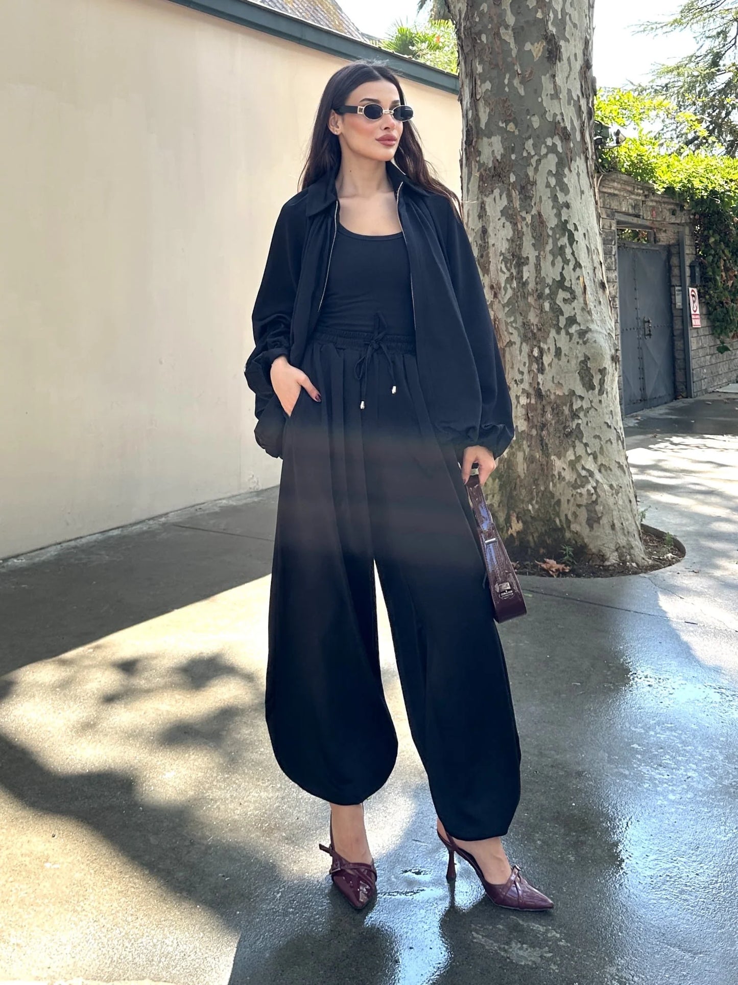 Saten Büzgülü Pileli Bumber Ceket Pantolon Takım - Siyah