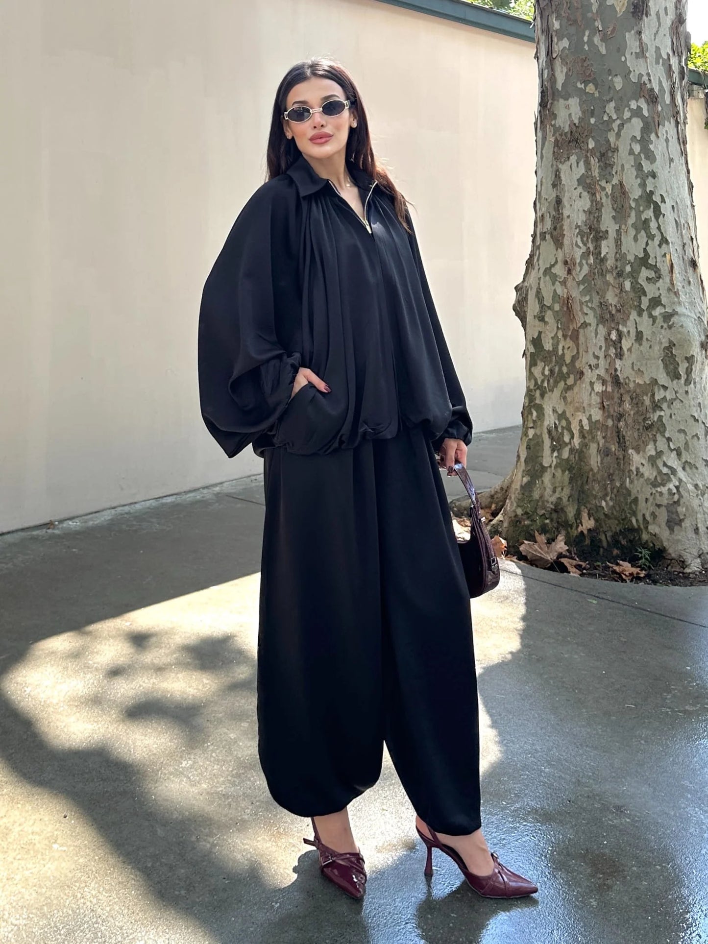 Saten Büzgülü Pileli Bumber Ceket Pantolon Takım - Siyah