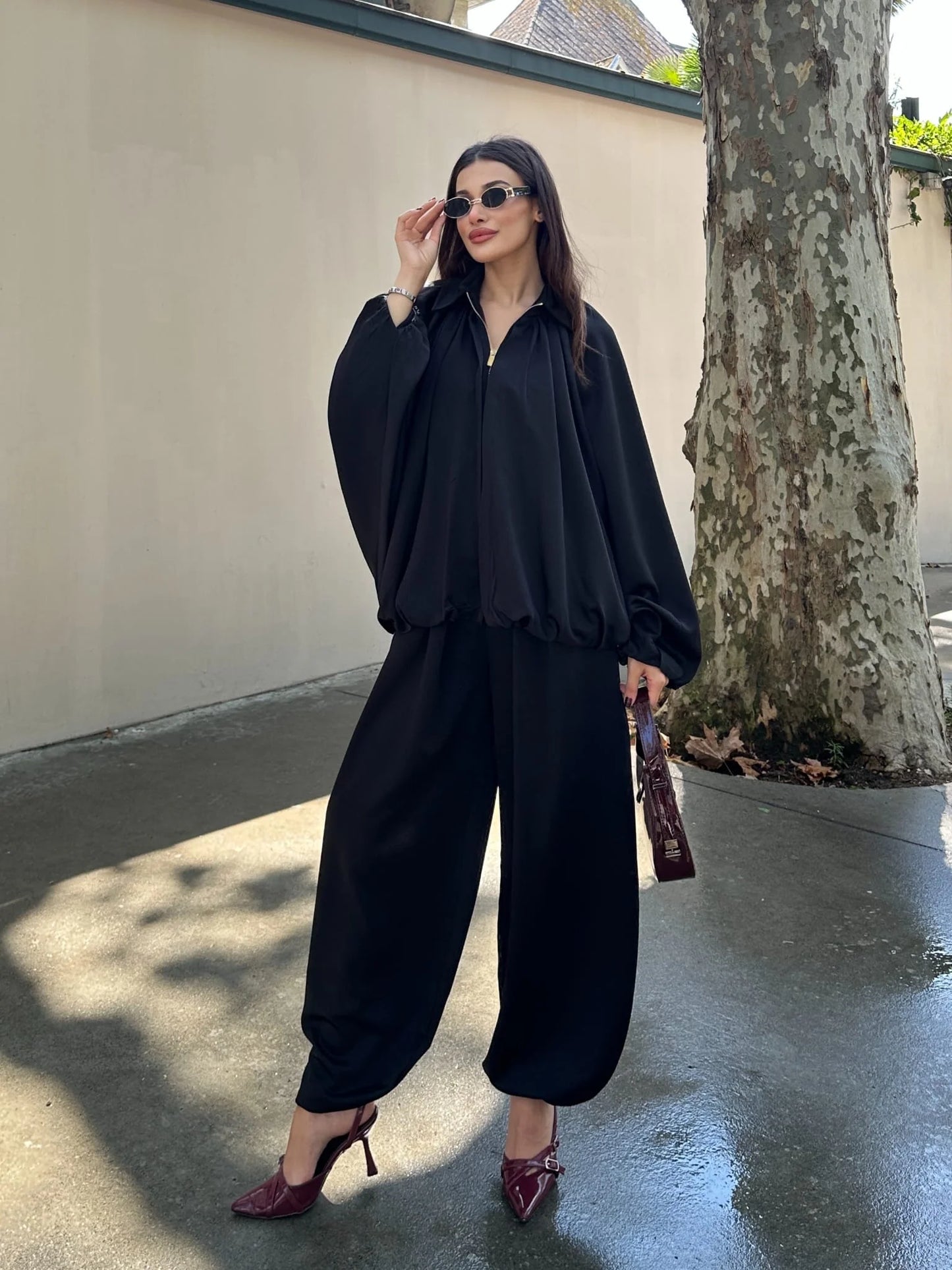 Saten Büzgülü Pileli Bumber Ceket Pantolon Takım - Siyah