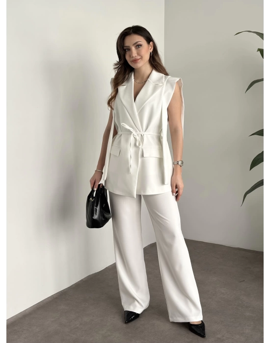 Sıfır Kol Belden Bağlamalı Takım - Beyaz