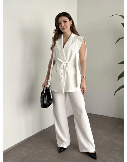 Sıfır Kol Belden Bağlamalı Takım - Beyaz
