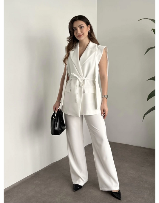 Sıfır Kol Belden Bağlamalı Takım - Beyaz