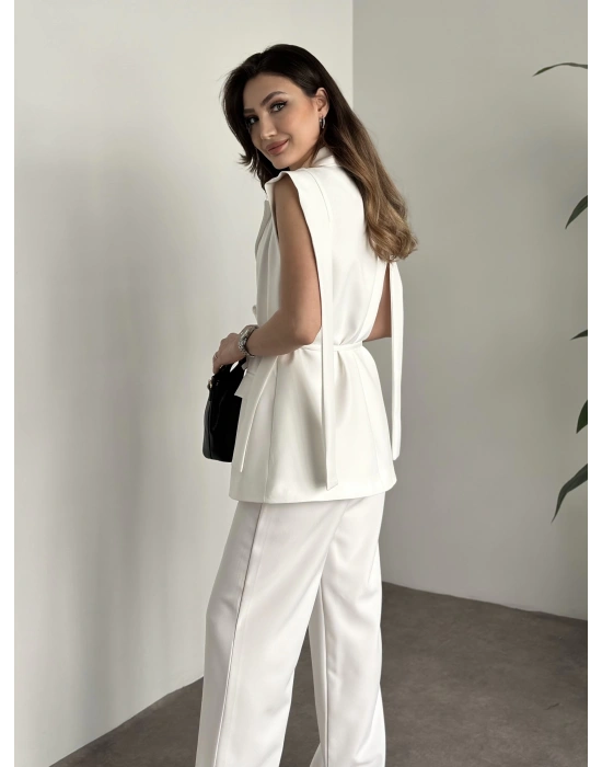 Sıfır Kol Belden Bağlamalı Takım - Beyaz