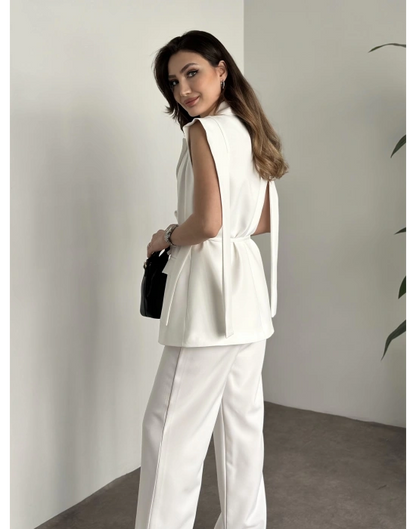 Sıfır Kol Belden Bağlamalı Takım - Beyaz