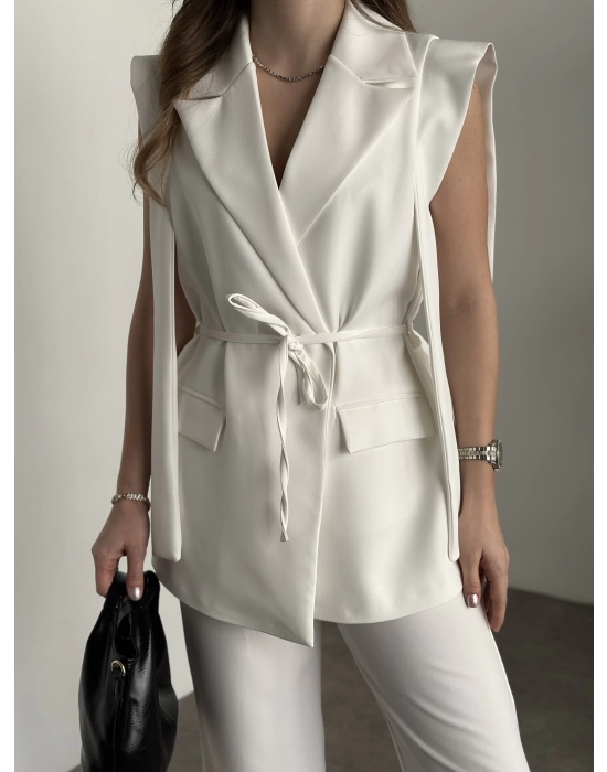 Sıfır Kol Belden Bağlamalı Takım - Beyaz