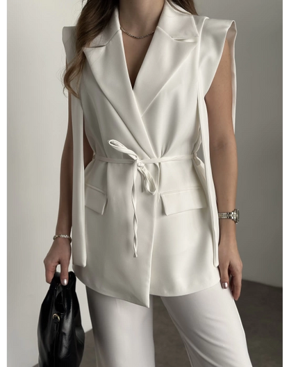 Sıfır Kol Belden Bağlamalı Takım - Beyaz