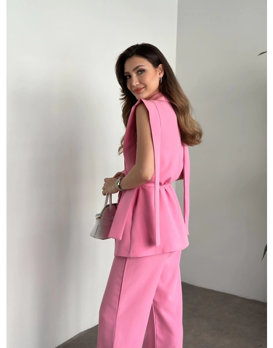 Sıfır Kol Belden Bağlamalı Kumaş Takım - Pembe