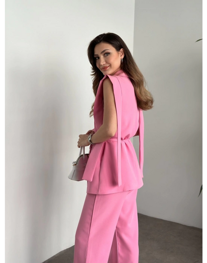 Sıfır Kol Belden Bağlamalı Kumaş Takım - Pembe