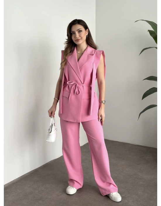 Sıfır Kol Belden Bağlamalı Kumaş Takım - Pembe