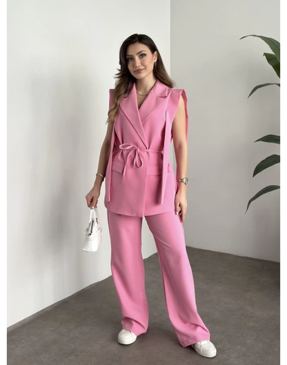 Sıfır Kol Belden Bağlamalı Kumaş Takım - Pembe