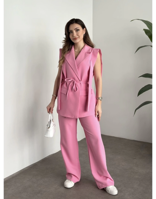 Sıfır Kol Belden Bağlamalı Kumaş Takım - Pembe