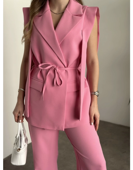 Sıfır Kol Belden Bağlamalı Kumaş Takım - Pembe