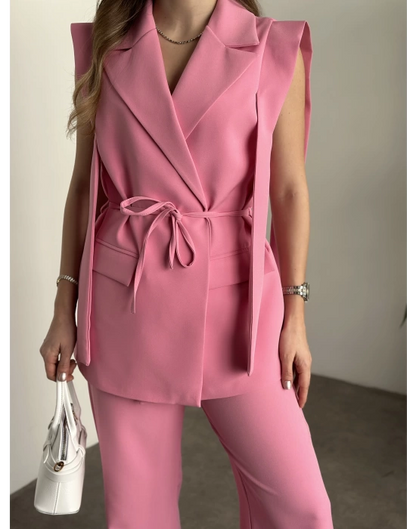 Sıfır Kol Belden Bağlamalı Kumaş Takım - Pembe